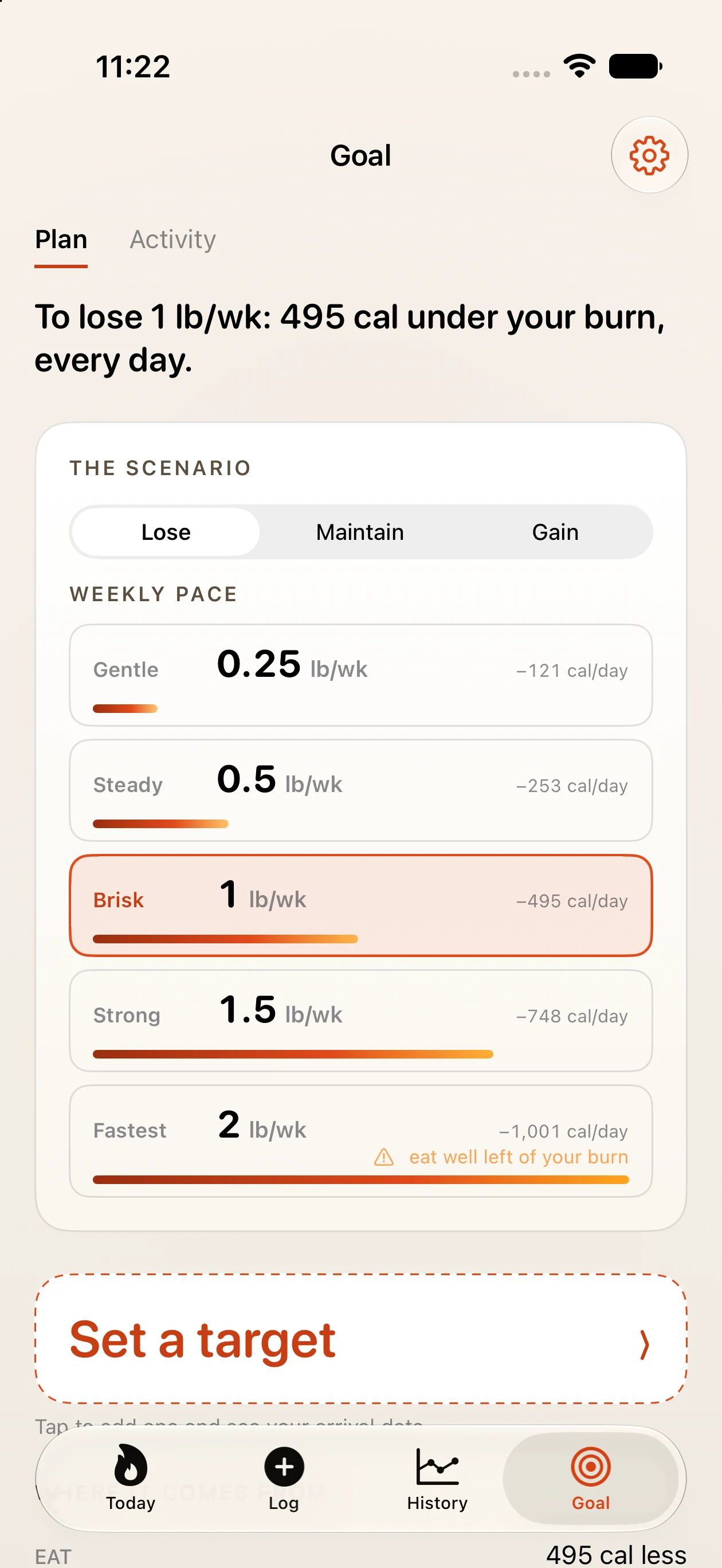 BurnCurve Goal screen showing cut, maintain, and gain choices with five pace options